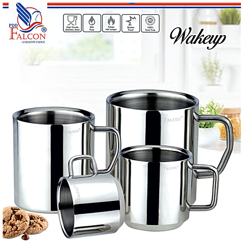 PddFalcon Wake-up Stainless Steel Double Walled Mugs - Easy Handle, 180 ml (Set of 2) 