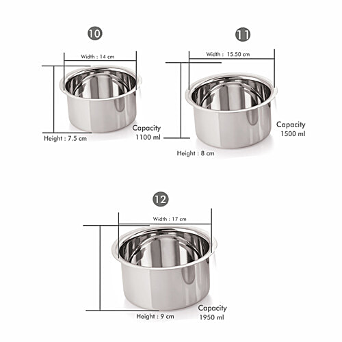 Neelam Neelam Stainless Steel Patila/Tope Set - Flat Bottom, With Lid (14 cm, 15.5 cm, 17 cm), 3 pcs (1.1 + 1.5 + 1.95 L) 