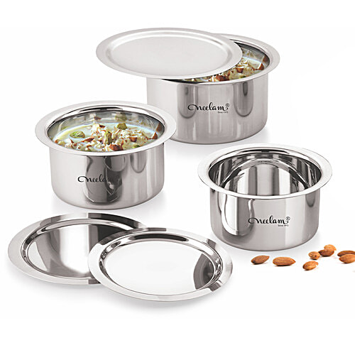 Neelam Neelam Stainless Steel Patila/Tope Set - Flat Bottom, With Lid (14 cm, 15.5 cm, 17 cm), 3 pcs (1.1 + 1.5 + 1.95 L) 