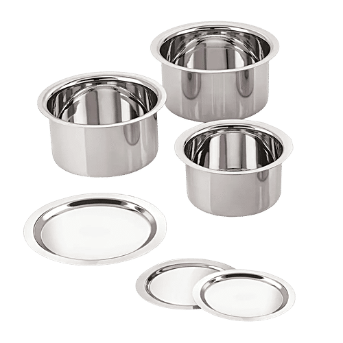 Neelam Neelam Stainless Steel Patila/Tope Set - Flat Bottom, With Lid (14 cm, 15.5 cm, 17 cm), 3 pcs (1.1 + 1.5 + 1.95 L) 