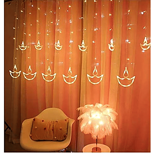 Lexton Decorative String Lights - 138 LEDs, 2.5 M, 8 Flashing Modes,12 Diyas, Warm White, 1 pc