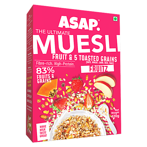ASAP Muesli Wholegrain Breakfast - Rich In Fibre & Protein, Zero Sugar Added, Fruitz, 420 g  