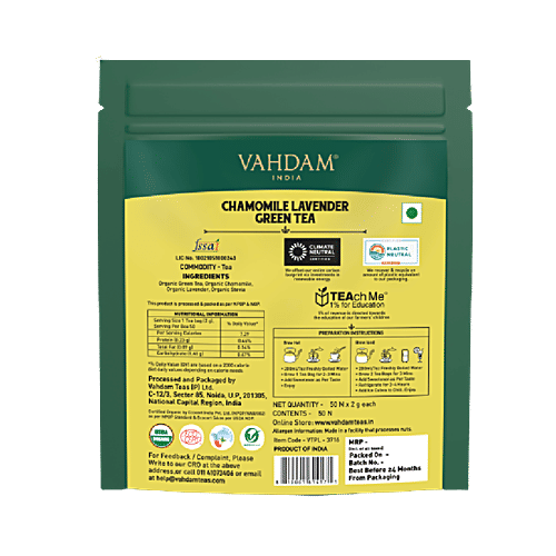 Vahdam Chamomile Green Lavender Green Tea - Provides Relaxation, Rich In Antioxidants, 2 g (50 Bags x 2 g Each) 