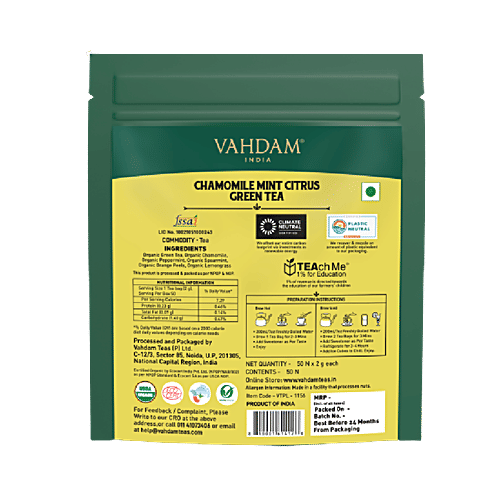 Vahdam Chamomile Mint Citrus Green Tea - Rich In Antioxidants & Helps Boost Immunity, 2 g (50 Bags x 2g Each) 