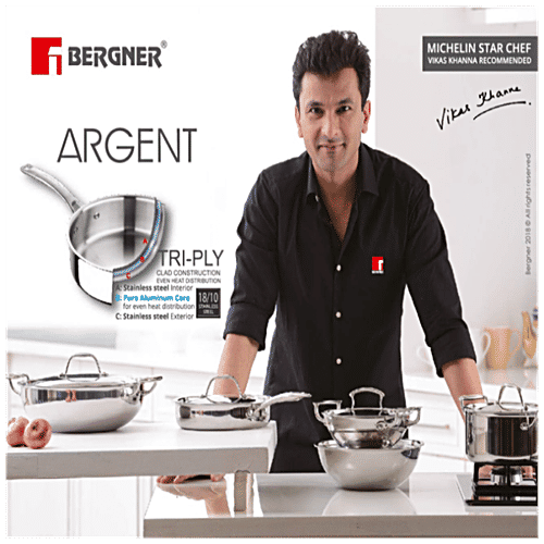 Bergner Argent Tri-Ply Stainless Steel Saucepan - Induction Base, With Steel Lid & Handle 26 cm 2.5 mm, 3.1 l  