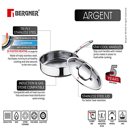 Bergner Argent Tri-Ply Stainless Steel Saucepan - Induction Base, With Steel Lid & Handle 26 cm 2.5 mm, 3.1 l  