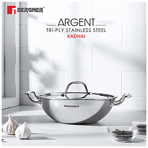Buy Bergner Argent TriPly Stainless Steel Kadhai With Lid, 28 cm