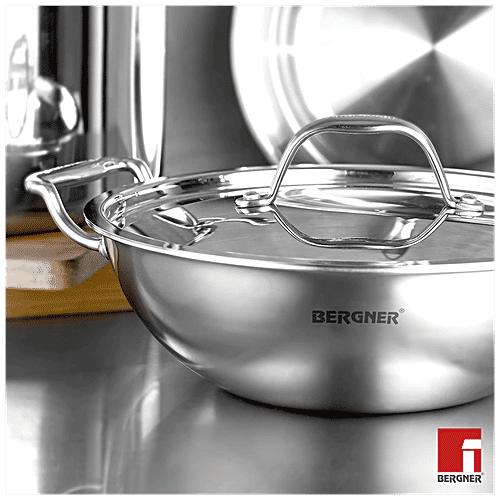 Buy Bergner Argent TriPly Stainless Steel Kadhai With Lid, 28 cm