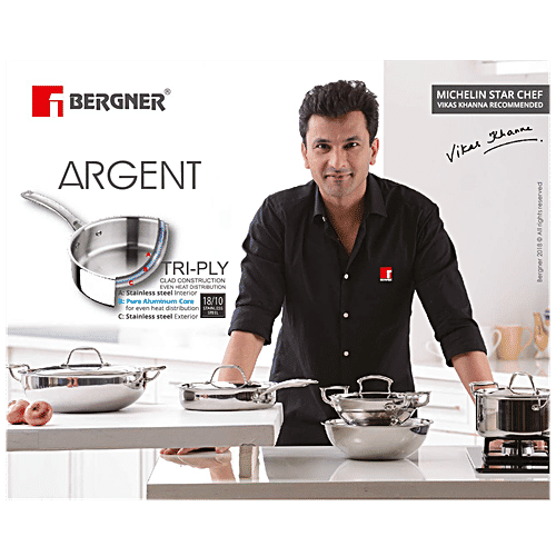 Bergner Stainless Steel Fry Pan - 3 Layer, Induction Base, 24 cm, 2.5 mm, with Handle, Argent, 1 pc