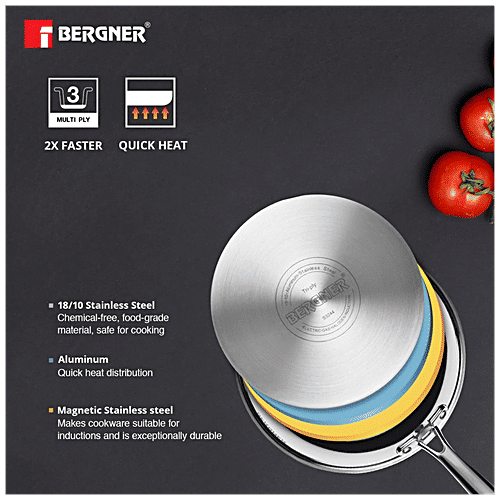 Bergner Stainless Steel Fry Pan - 3 Layer, Induction Base, 24 cm, 2.5 mm, with Handle, Argent, 1 pc