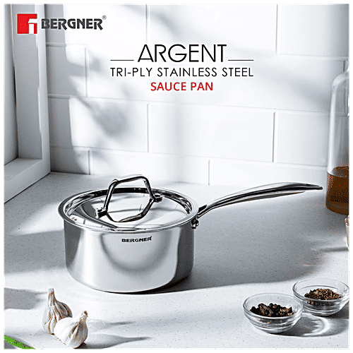 Bergner Tri-Ply Stainless Steel Saucepan - Induction Base, 14 cm, With Lid, Stainless Steel Handle, Argent, 1 L  