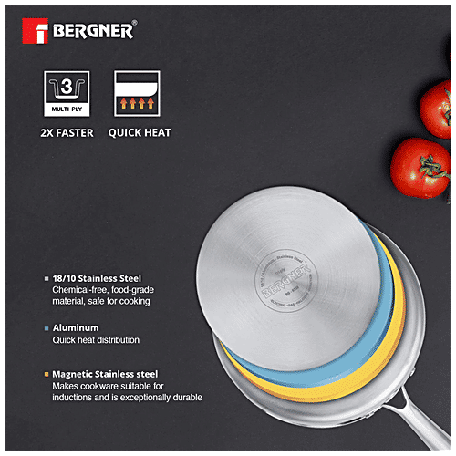 Bergner Tri-Ply Stainless Steel Saucepan - Induction Base, 14 cm, With Lid, Stainless Steel Handle, Argent, 1 L  