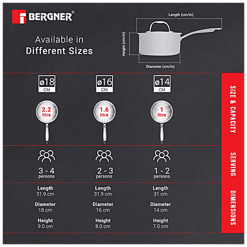 Bergner Tri-Ply Stainless Steel Saucepan - Induction Base, 14 cm, With Lid, Stainless Steel Handle, Argent, 1 L  