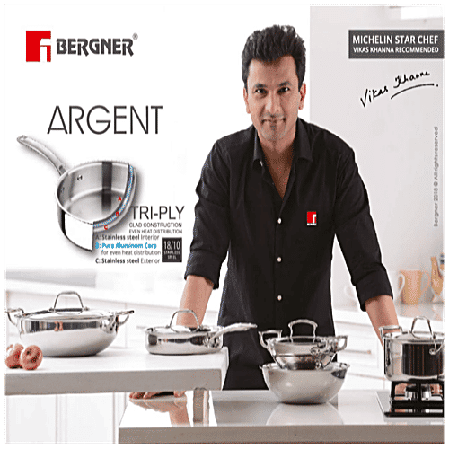Bergner Argent Tri-Ply Stainless Steel Casserole - Induction Base, 20 cm, 2.5 mm, With Lid & Handle, 3.1 l  