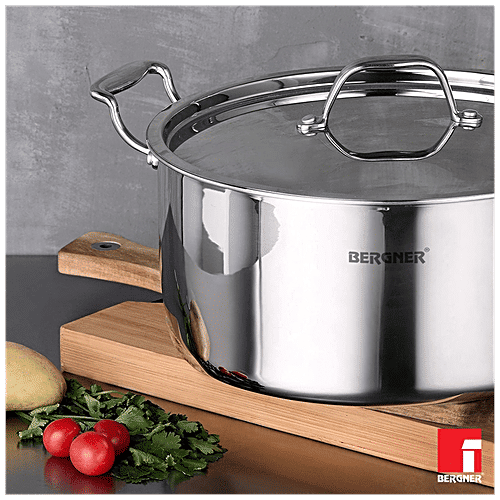 Bergner Argent Tri-Ply Stainless Steel Casserole - Induction Base, 20 cm, 2.5 mm, With Lid & Handle, 3.1 l  