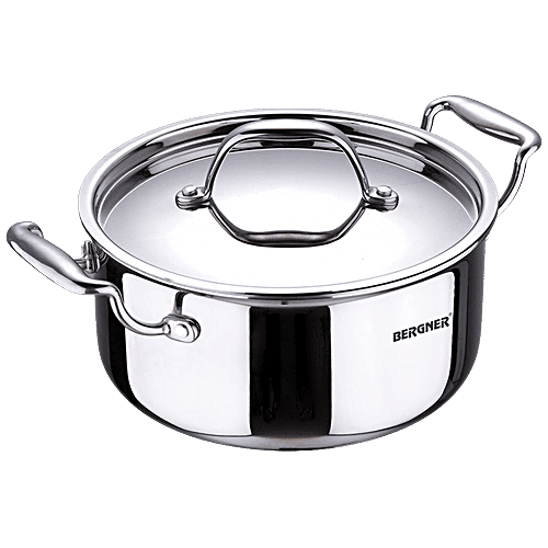 Bergner Argent Tri-Ply Stainless Steel Casserole - Induction Base, 20 cm, 2.5 mm, With Lid & Handle, 3.1 l  