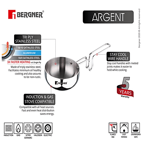 Bergner Stainless Steel Tadka Pan - 3 Layer, 12 cm, 2.5 mm, with Lid, Handle, Argent, 1 pc