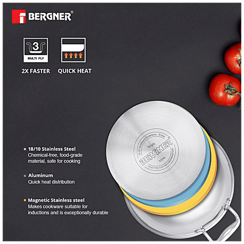 Bergner Argent Tri-Ply Stainless Steel Patila/Tope - Induction Base, With Lid, 20 cm, 3.1 L