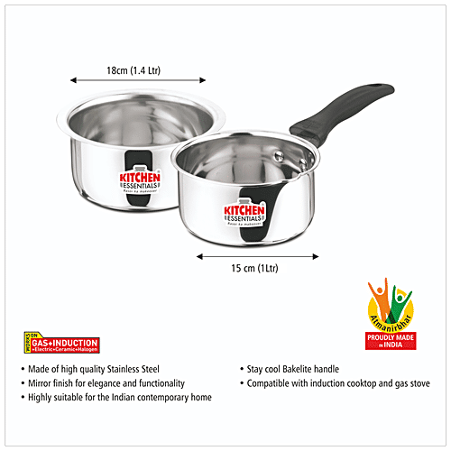 Kitchen Essentials Stainless Steel Cookware Set - Milk/Saucepan (15 cm), Patila/Tope (18 cm), 2 pcs (1 L + 1.25 L) 
