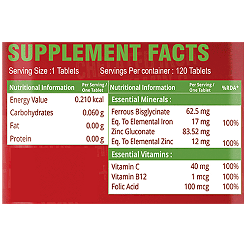 Simply Nutra Chelated Iron & Vitamin C Dietary Supplement - Helps In Rbc Formation, 120 pcs  