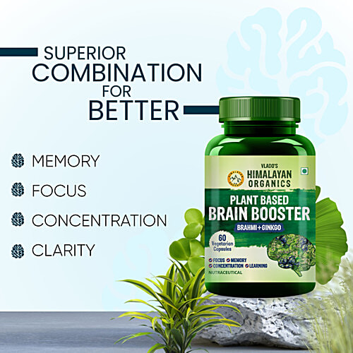 Vlado's Himalayan Organics Plant Based Brain Booster Brahmi + Ginkgo Capsules, 60 pcs  