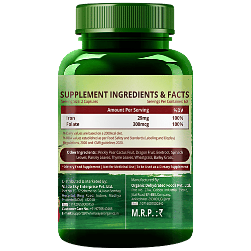 Himalayan Organics Plant Based Iron Supplement Capsules - With Folate, Blood Builder, Whole Food, 120 pcs  