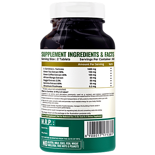 Nature Life Nutrition L-Carnitine Tablet 2000mg/Serve With Garcinia & Green Tea Extracts - For Post-Workout Recovery, 120 pcs  