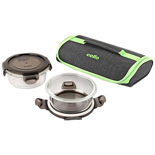 Cello Borosilicate Lunch Box With Carry Pouch - Round, Microwavable, Seal O Fresh, 3 pcs  