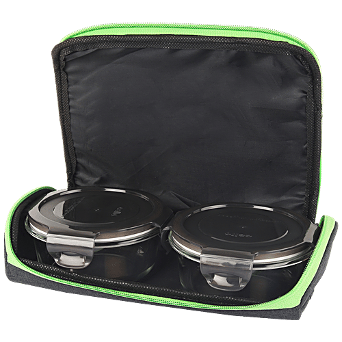 Cello Borosilicate Lunch Box With Carry Pouch - Round, Microwavable, Seal O Fresh, 3 pcs  