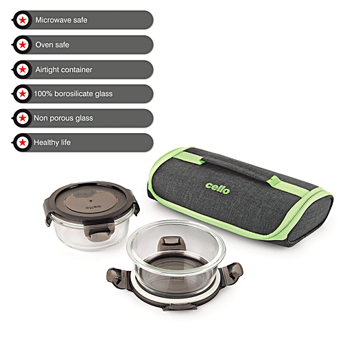 Cello Borosilicate Lunch Box With Carry Pouch - Round, Microwavable, Seal O Fresh, 3 pcs  