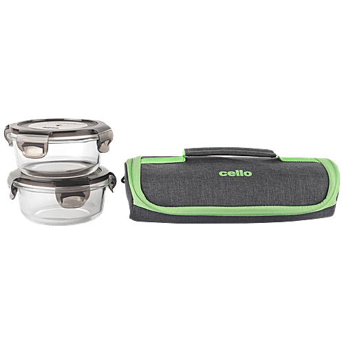 Cello Borosilicate Lunch Box With Carry Pouch - Round, Microwavable, Seal O Fresh, 3 pcs  