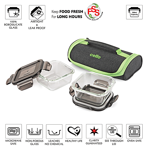 Cello Borosilicate Lunch Box With Carry Pouch - Square, Microwavable, Seal O' Fresh, 3 pcs  