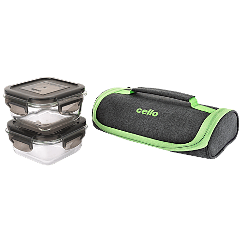 Cello Borosilicate Lunch Box With Carry Pouch - Square, Microwavable, Seal O' Fresh, 3 pcs  