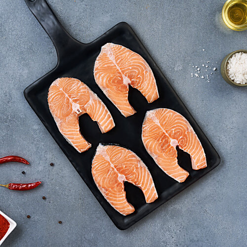 fresho! Atlantic Salmon Fish - Steaks, Fresh, Clean & Succulent Chunks, 450 g  