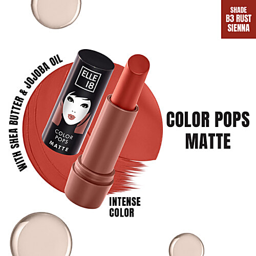 Elle 18 Color Pops Matte Lip Colour, 4.3 g B3 Rust Sienna Smooth Texture, Moisturising, Shea Butter & Jojoba Oil, Even Application