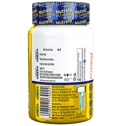 Patanjali Nutrela Organic Omega 3,6,7,9 Capsules - For Heart,Skin, Eye, Skin Health, 60 pcs