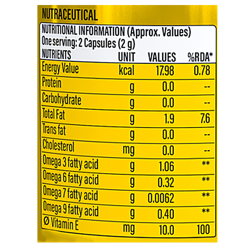 Patanjali Nutrela Organic Omega 3,6,7,9 Capsules - For Heart,Skin, Eye, Skin Health, 60 pcs