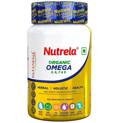 Patanjali Nutrela Organic Omega 3,6,7,9 Capsules - For Heart,Skin, Eye, Skin Health, 60 pcs  