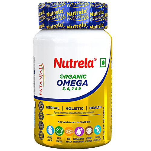Patanjali Nutrela Organic Omega 3,6,7,9 Capsules - For Heart,Skin, Eye, Skin Health, 60 pcs