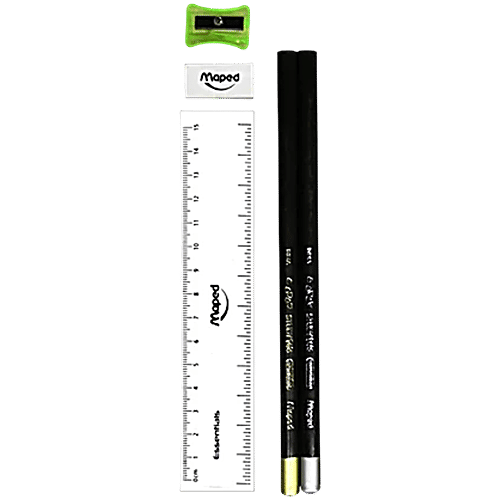 Maped  Essentials Writing Kit - Pencils, Eraser, Sharpener & Ruler, 5 pcs  