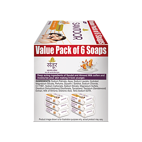Santoor Skin Softening Sandal & Almond Milk Bathing Soap, 150 g (Pack of 6) 