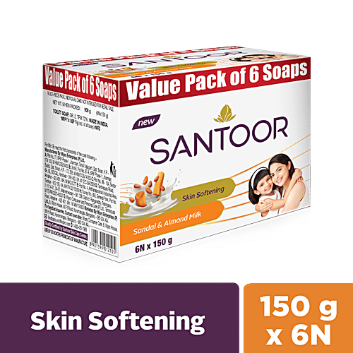 Santoor Skin Softening Sandal & Almond Milk Bathing Soap, 150 g (Pack of 6) 
