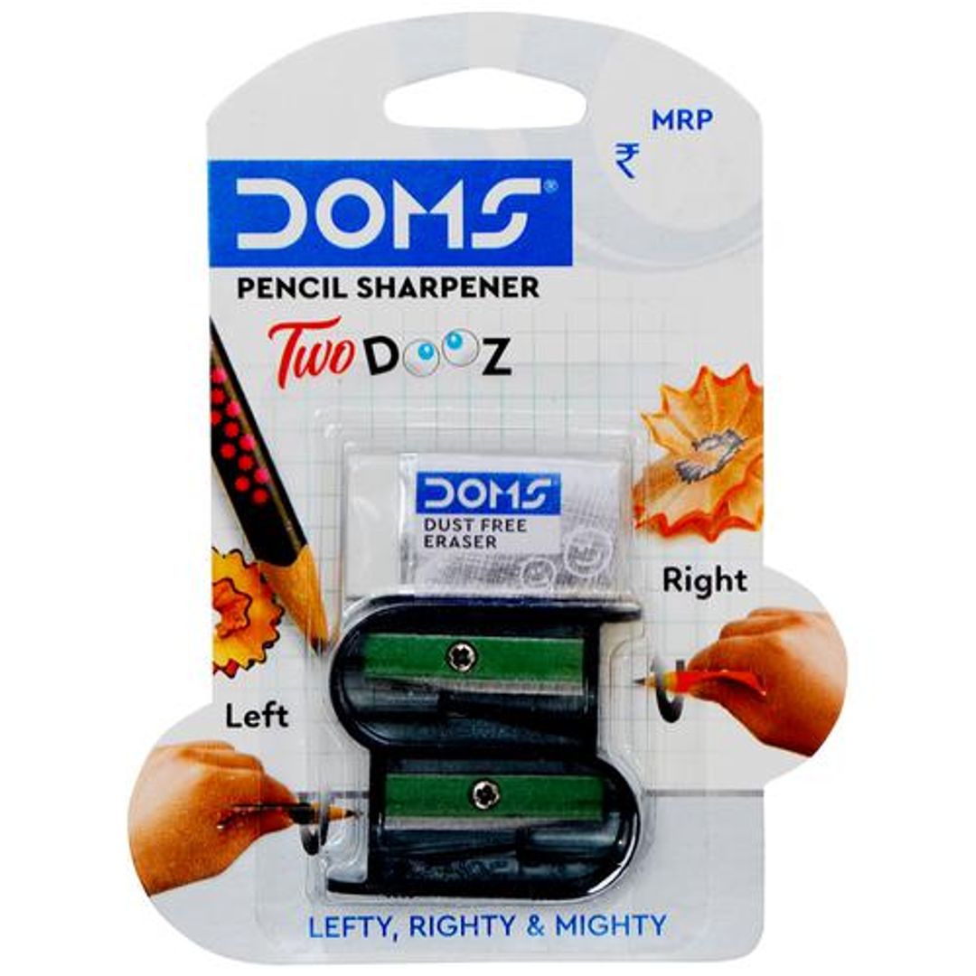 Doms Two Dooz Pencil Sharpeners & Dust Free Eraser - Durable, Easy Grip, 3 pcs 