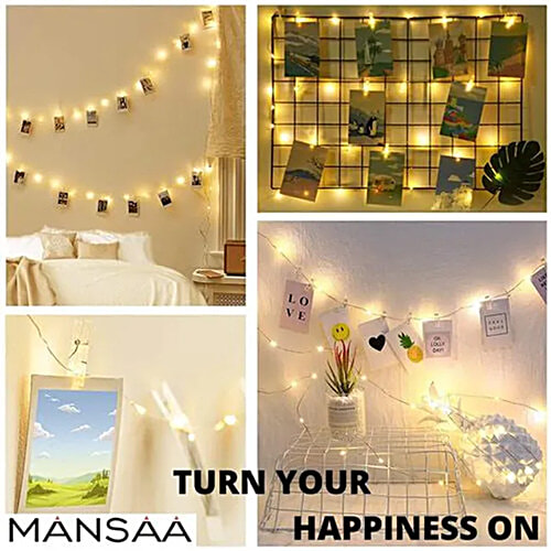 Mansaa USB Photo Clips String Lights - 30 LEDs, Warm White, For Home Decor, 1 pc Festive, Christmas, Party, Patio Lawn