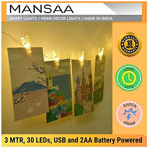Mansaa USB Photo Clips String Lights - 30 LEDs, Warm White, For Home Decor, 1 pc Festive, Christmas, Party, Patio Lawn