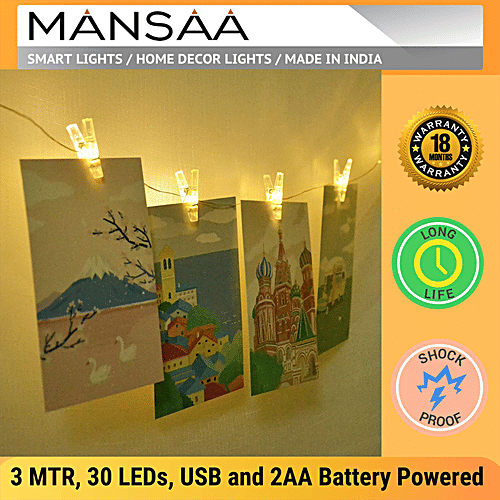 Mansaa USB Photo Clips String Lights - 30 LEDs, Warm White, For Home Decor, 1 pc Festive, Christmas, Party, Patio Lawn
