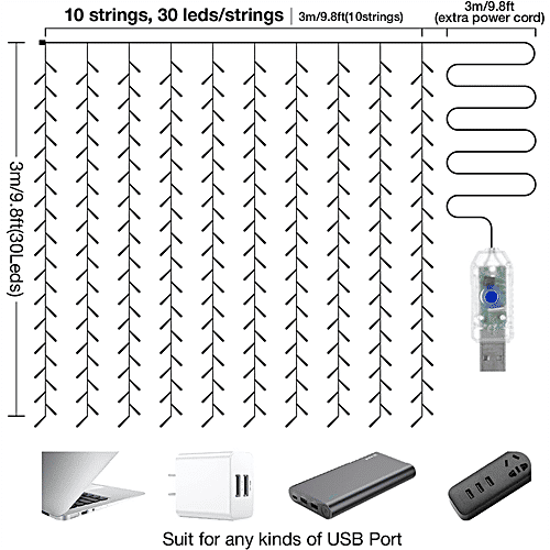 Mansaa 300 LED Curtain Light - 8 Lighting Modes, USB Operated, Warm White, 3 M X 3 M, 1 pc  For Home Decor, Festive, Christmas, Party, Patio Lawn