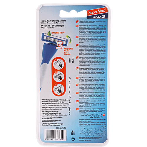 Supermax Hi Flo SMX3 3 Blade Razor - With Comfortable Grip, For Smooth Shaving, 1 pc (1 Handle+8 Cartridges) 