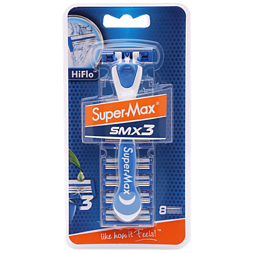 Supermax Hi Flo SMX3 3 Blade Razor - With Comfortable Grip, For Smooth Shaving, 1 pc (1 Handle+8 Cartridges) 