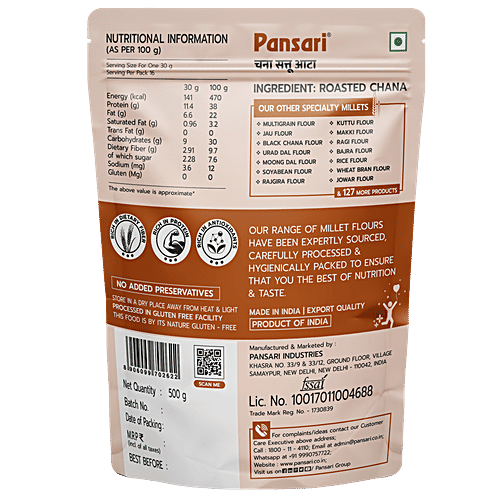 PANSARI Chana Sattu Flour - Roasted Gram Millet, Refreshing Energy, 500 g  